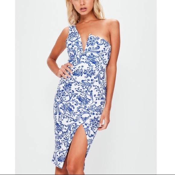 Missguided White Porcelain Print OneShoulder Dress - Picture 1 of 8